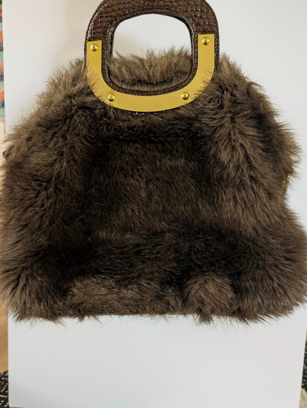 Faux Fur Brown Handbag Gold Hardware Top Handle Teddy Plush Satchel Winter Bag